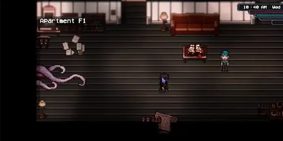 Welcome to Elderfield Apartment F1 with Adrian and tentacles breaking through the wall