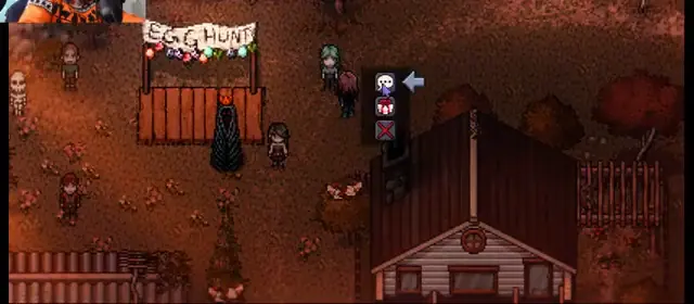 Welcome to Elderfield townspeople gathered beside the Egg Hunt sign outside the park