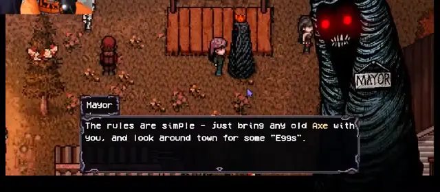 Welcome to Elderfield Mayor explaining the Egg Hunt axe and town-search rules