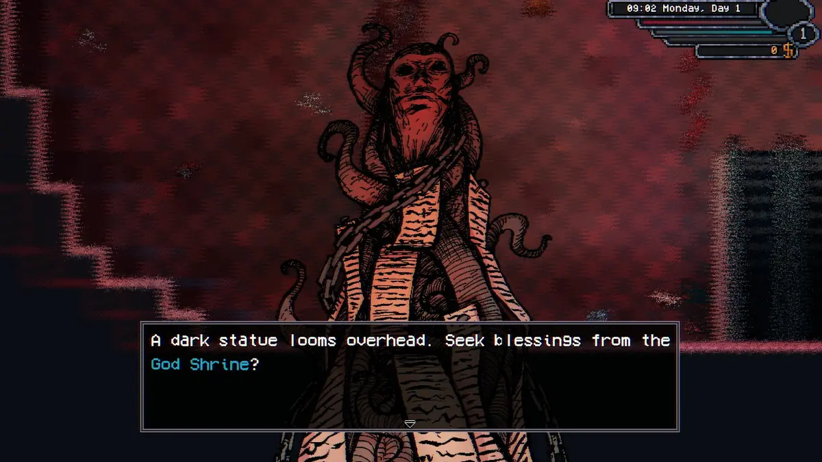 Welcome to Elderfield player facing a dark God Shrine inside the Mall