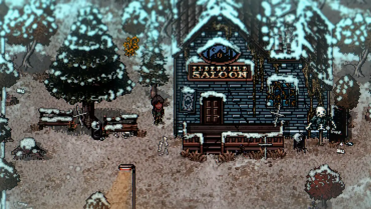 Welcome to Elderfield Saloon exterior during winter