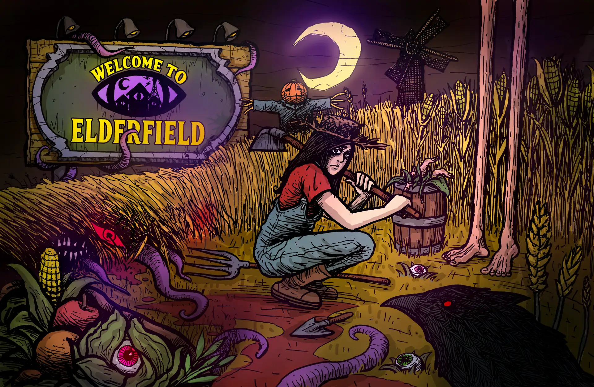 Welcome to Elderfield official artwork with a crescent moon, windmill, farmer, and strange crops.